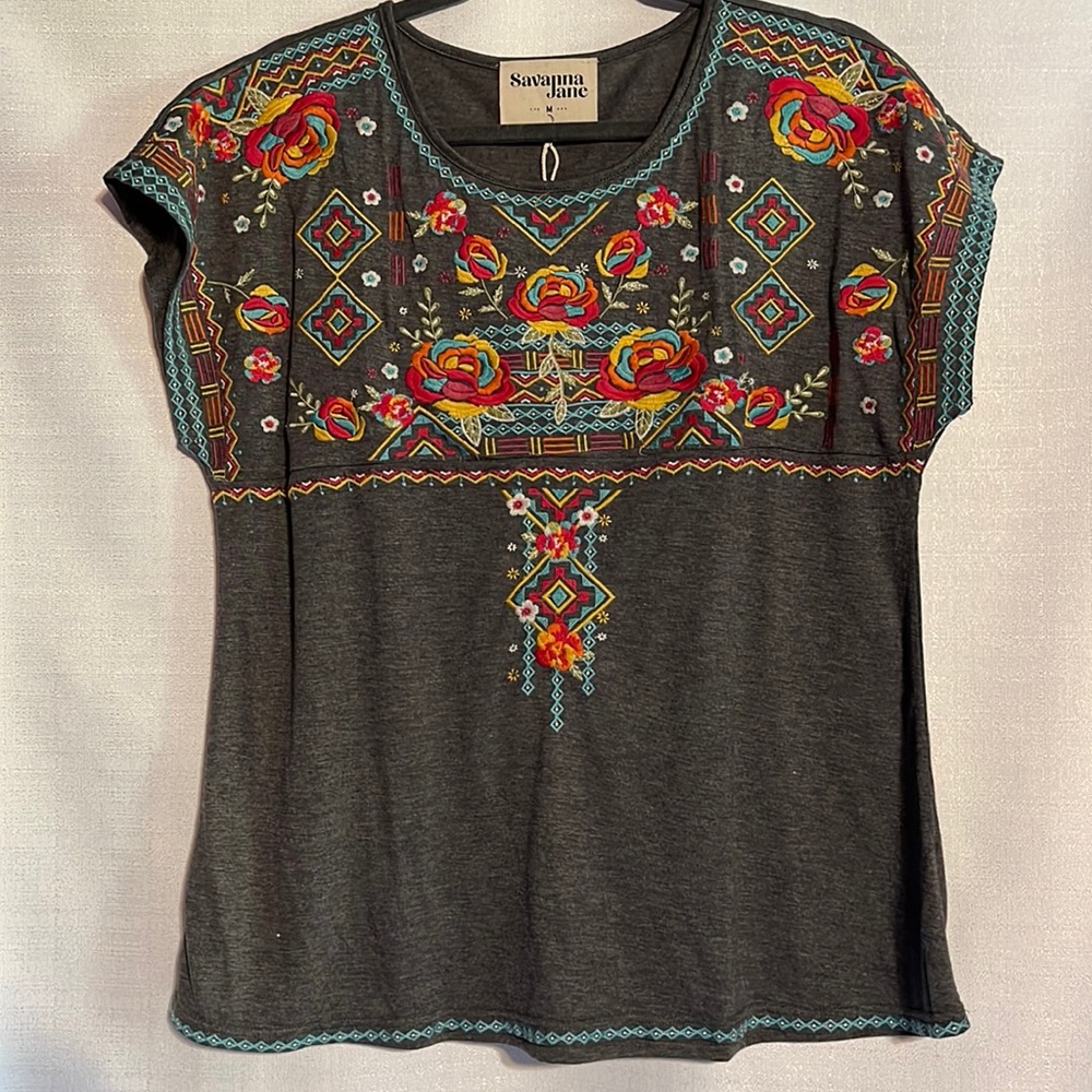 Brand new multi color Embroidery gray top